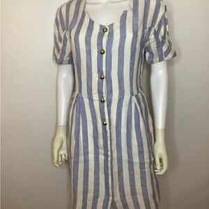 Elegant Linen Chunky Gold Button Blue and White Striped Midi Dress VTG